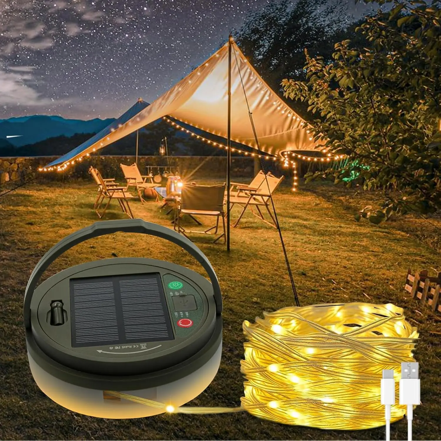 Solar Camping String Lights, 32.8FT Fairy String Lights 130LEDs, 4 In 1 Portable  Camp Lamp with 8 Mode, Hanging Rechargeable Tent Lantern for Awning Garden Yard Party Christmas Decorations