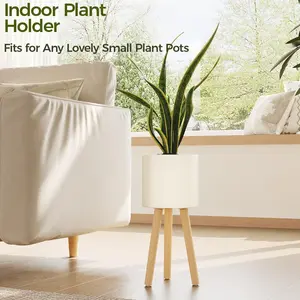 Bamworld Single Plant Holder for Indoor Plants Metal Planter Stand Wooden Leg White Plant Stand Indoor Flower Pot Stand Plant Pot with Stand for Living Room Office Bedroom Decor Modern Home Decor