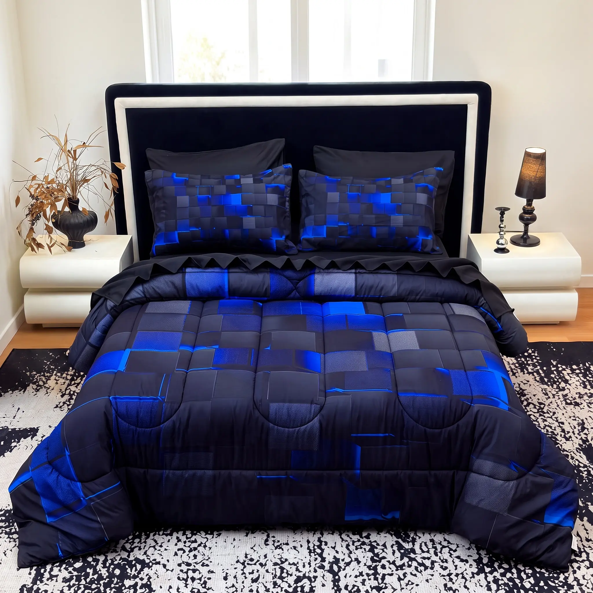 [Weekly Deal] 3/6/7Pcs Geometric Plaid Comforter Set – Modern Blue Cyber Grid Print, All Season Lightweight Bedding with Sheets, Soft Breathable Microfiber for Bedroom Dorm