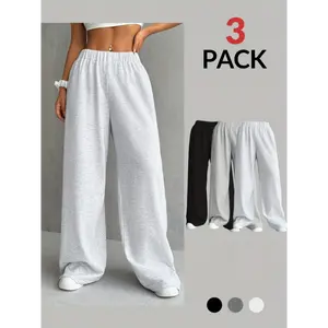 [Elegant Wide Leg Sweatpants] 3-Pack Elegant Wide Leg Sweatpants - Polyeer Knit Athletic Pants for Autumn/Winter - Solid Color, Adult Fit