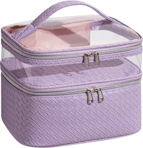 Large Makeup Bag with Brush Storage, Double Layer Cosmetic Bags for Women Girls, Waterproof Leather Toiletry Bag for Women, Travel Makeup Bag Skincare Bag with Zipper & Portable Handle