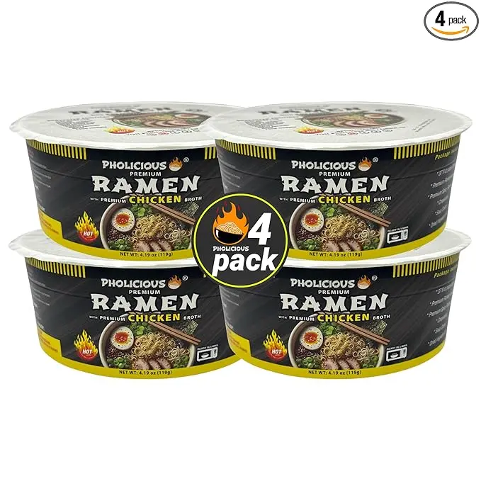 PhoLicious All New Spicy Chicken Ramen Noodles – Premium Instant Ramen Bowl with Real Broth Mix with Spices, Asian Food, Microwave Cup for Lunch, Meals & Snacks - Chicken Flavor (4 Pack)