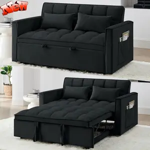 3 in 1 Sleeper Sofa Couch with Pullout Bed, Velvet Convertible Loveseat Sleeper Bed w/Adjustable Backrest for Living Room Apartment, Easy to Assemble (Black)