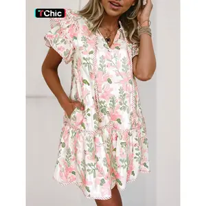 Elegant Summer Women's Multicolor Plant Floral Print Layered Short Sleeve Drawstring V-Neck Mini Dress, Stylish and Comfortable