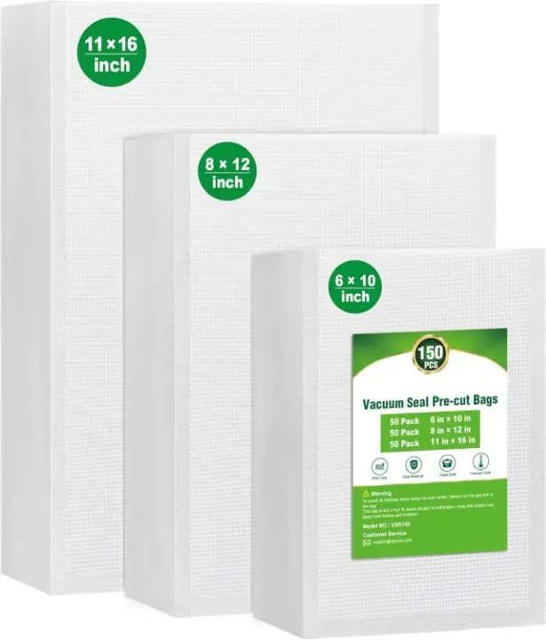 Vacuum Sealer Bags, 150 Gallon 11" x 16" and Quart 8" x 12" and Pint 6" x 10" Commercial Grade PreCut Bag, BPA Free Food Vac Bags for Storage, Meal Pr
