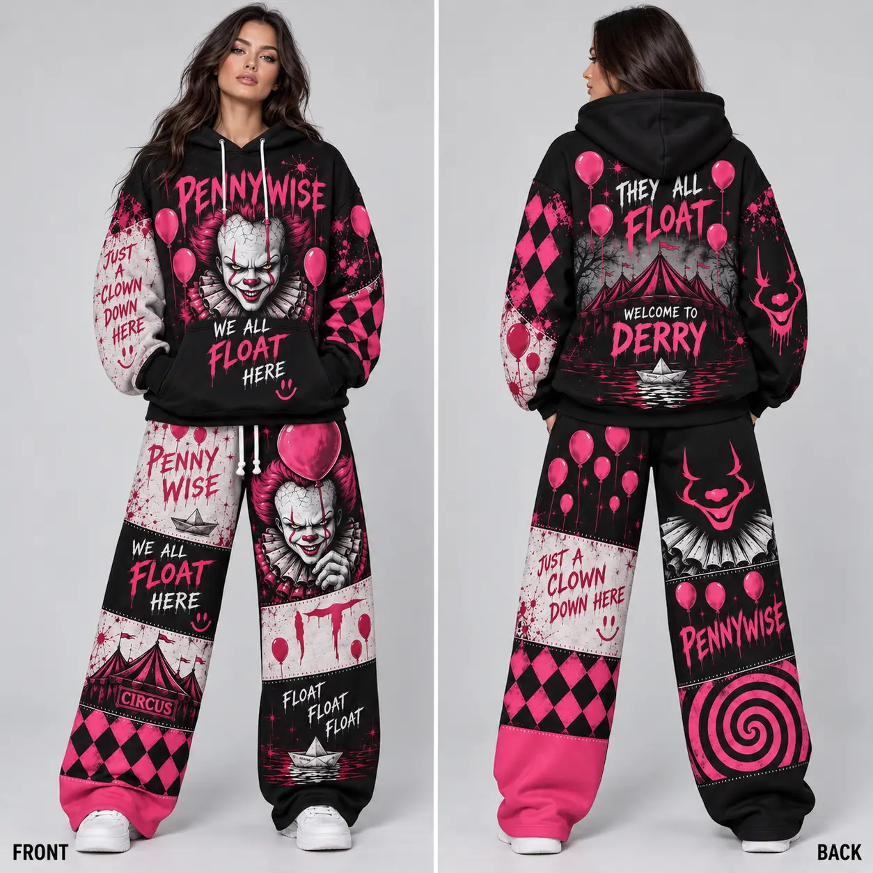 Spooky Horror Oversized Hoodie & Baggy Sweatpants Set, Unisex Graphic Streetwear Tracksuit, Gothic Halloween Pullover & Wide Leg Lounge Pants
