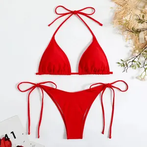 Sexy Red Women's Tie Side Thong Bikini and Swim Bra, Basic Bikini Set for Summer Beach