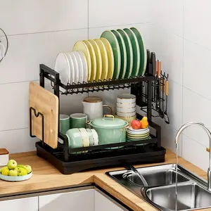 2 Tier double layer Dish dryer Drying Rack with Drainboard, space-saving compact Large Capacity storage Dish Rack for Kitchen Counter, Rustproof Metal Dish Drainer with Utensil Holder, Cup Holder and Cutting Board Holder
