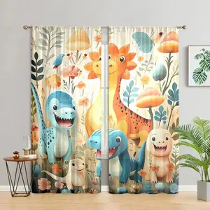 Cartoon Dinosaur Pattern Curtain, 2 Counts Cute Curtain, Easy To Hang Privacy Curtain for Home Living Room Bedroom Study Room, Room Decoration
