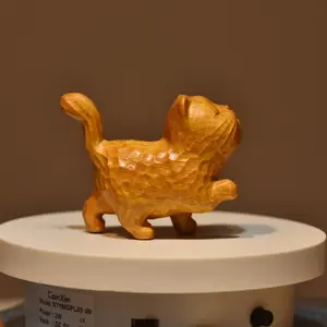 Hand-Made Wooden Carving Cat Figurine Ornament, Sculpture,Decoration for Cat Lover,Lovely Small Carved Orange Cat Statue Handmade Wood Kitten Art Carving Work for Home Office Decoration