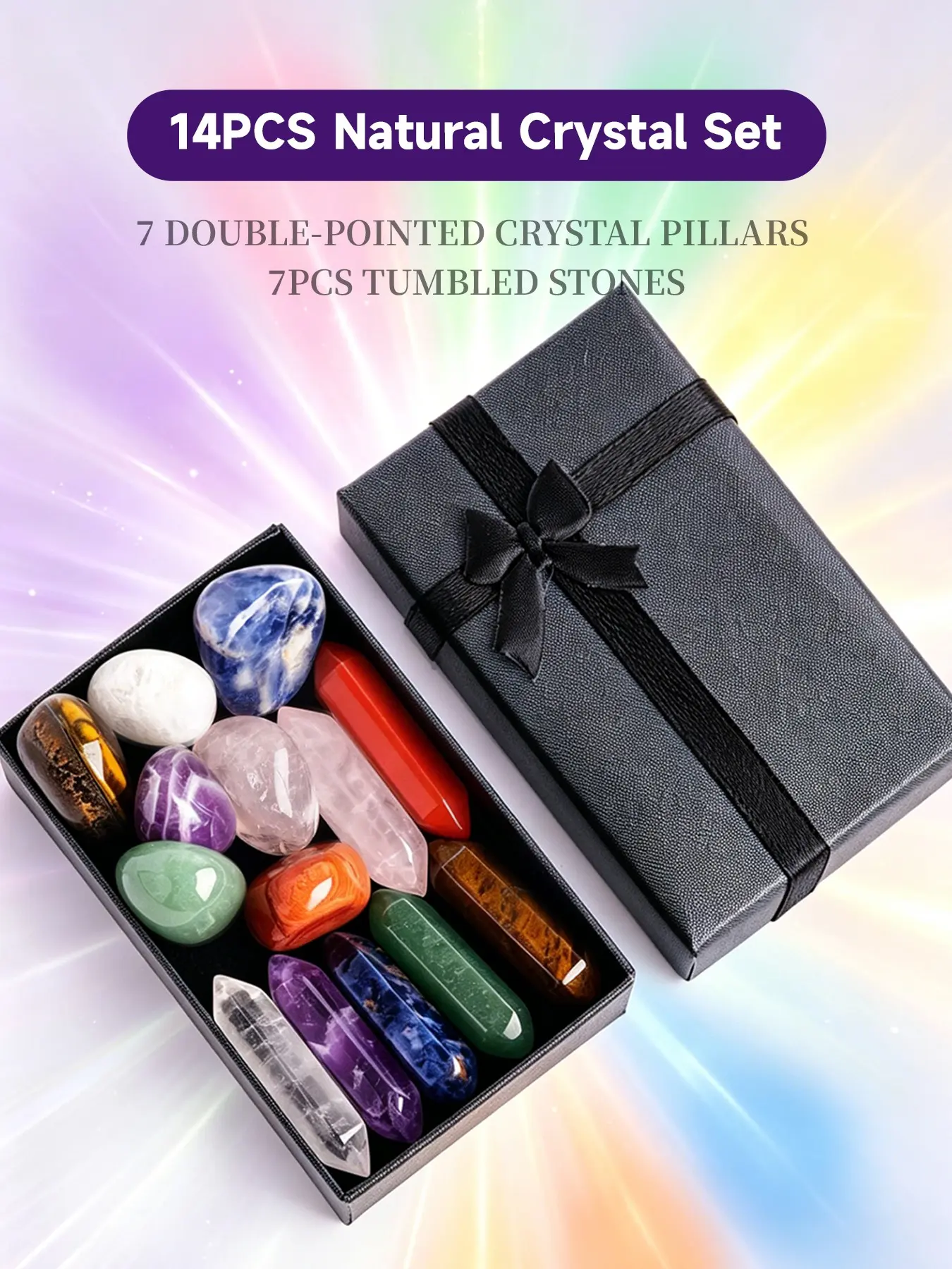 14 Piece Natural Crystal Gift Set, 7 Twin-Tip Crystal Sticks and 7 Polished Gems, Elegant Gift Box Packaging, Crystal Bundle Box, Perfect for Crystal Lovers, Natural Crystal Stones, Natural Crystal Pieces, Crystal Decorative Stones