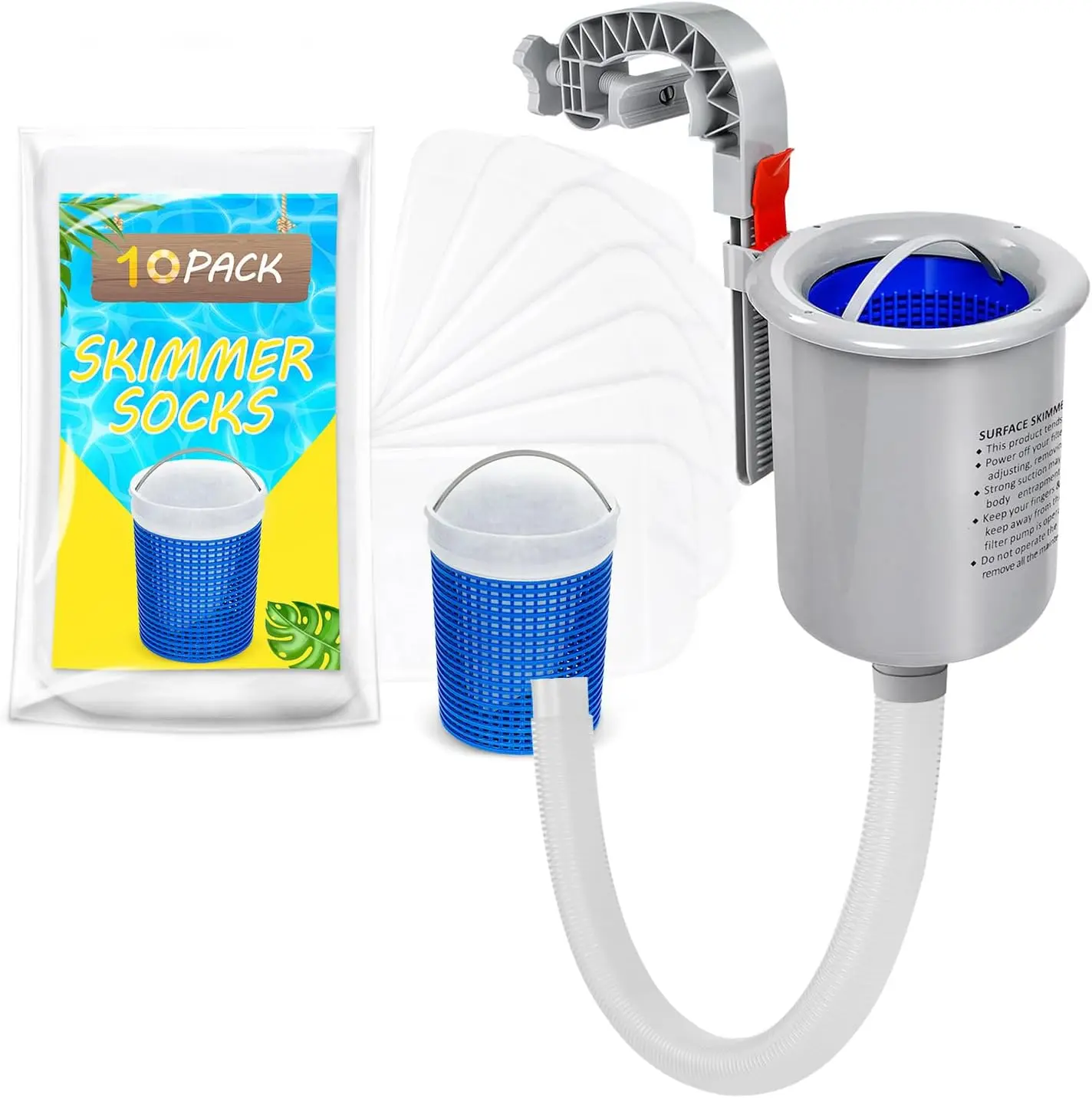 Above Ground Pool Skimmer with 10 Skimmer Socks, Floating Surface Skimmer Basket for Intex Inflatable Pools, Efficient Leaf & Debris Removal for Above Ground Pools