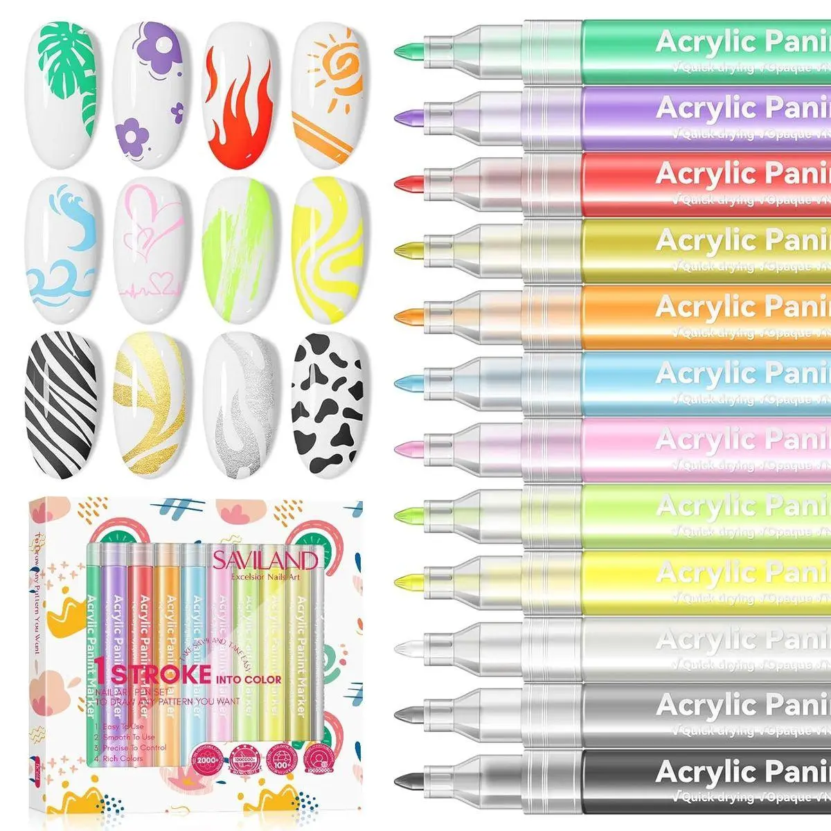 SAVILAND 12 Colors Nail Art Pens Set - 3D Nail Polish Pens Acrylic Paint Pens Nail Markers for Nail Art Drawing Painting Nail Point Dotting Liner Pen Manicure Tools Nail Design Kit Home Nail Salon DIY