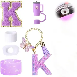 6PCS Cup Accessories Set for Stanley Cup 30oz 40oz tumbler with handle, Including Silicone Straw Topper Cover Cap and Boot, Spill Proof Stopper, Handle Charm, Initials Sticker /Does Not Include Cups