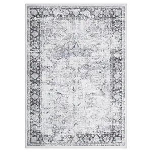 【Christmas Gift】5 x 7 ft Polyester Grey Rectangular Living Room Bedroom Dining Room Distressed Floral Print Vintage Machine Washable Area Rug