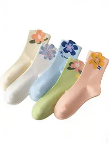 10 Pairs Cute Floral Mid-Calf Socks for Women, Breathable and Sweat-Absorbing for All Seasons, Stylish Casual Plant Pattern Socks