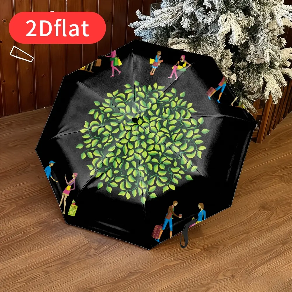 A green botanical-patterned folding umbrella – featuring a vibrant leaf design, a durable canopy, ideal for travel and everyday use, portable and easy to carry, suitable for all occasions, and a perfect holiday gift