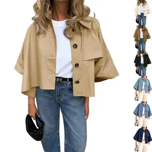 PASLTER Womens Oversized Cropped Trench Coats Single Breasted 3/4 Cape Sleeve Trendy Casual Jackets Button up Outerwear