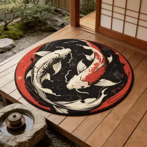 Japanese Style Koi Fish Pattern Carpet, Unique Artwork, Large Area Vintage Design Rug for Living Room Bedroom, Washable Plush Mat, Home Decor