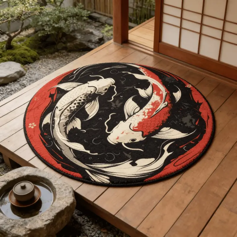 Japanese Style Koi Fish Pattern Carpet, Unique Artwork, Large Area Vintage Design Rug for Living Room Bedroom, Washable Plush Mat, Home Decor, Decorative Rug, Soft Rug