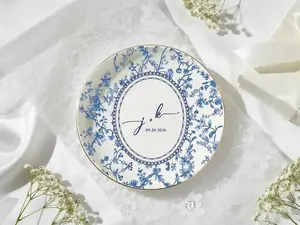 Personalized Ring Dish, Blue Floral Monogram Jewelry Dish with Date, Bridal Shower Gift for Bride, Vanity Decor