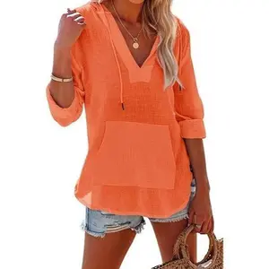 Women's Beach Cover Up hoodies sweatshirt Long Sleeve V Neck Pocketed Hooded Shirt Top Casual