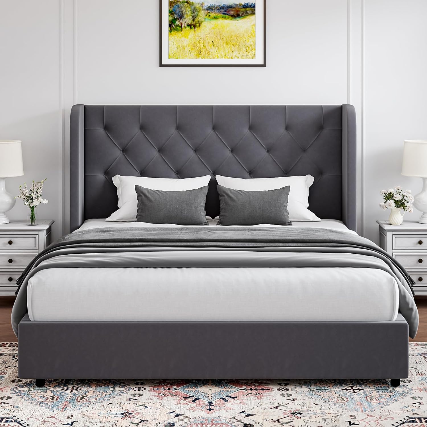 HOMBCK Bed Frame, No mattress, Soft Curved Wings Velvet Headboard, Sturdy Wooden Slats Support, No Box Spring Required, Noise Free, Easy Assembly HOMBCK Bed Frame, No mattress, Soft Curved Wings Velvet Headboard, Sturdy Wooden Slats Support, No Box Spring Required, Noise Free, Easy Assembly