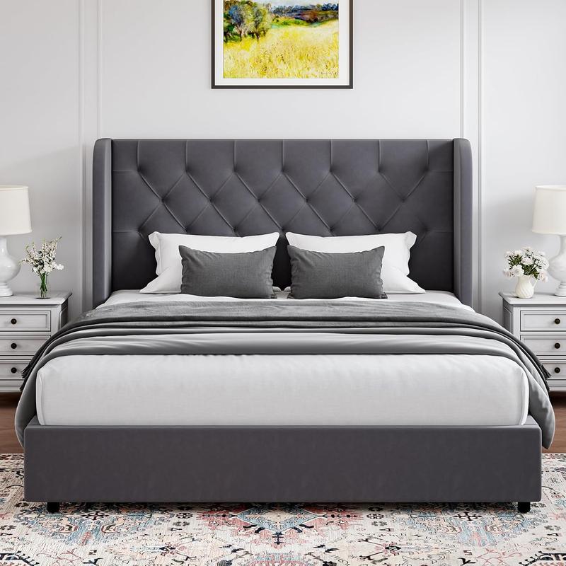 HOMBCK Bed Frame, No mattress, Soft Curved Wings Velvet Headboard, Sturdy Wooden Slats Support, No Box Spring Required, Noise Free, Easy Assembly