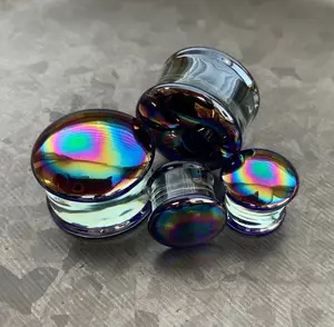 PAIR of Stunning Oil Slick Design Pyrex Glass Double Flare Plugs - Gauges 1/2" (12mm) through 1&3/16" (30mm)