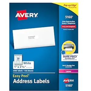 Easy Peel Printable Address Labels with Sure Feed, 1" x 2-5/8", White, 3,000 Blank Mailing Labels (05160)