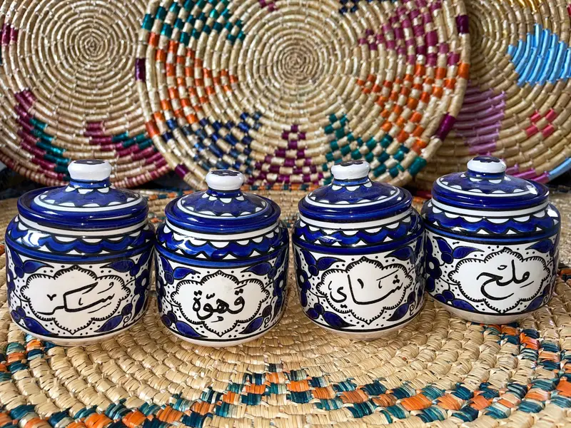 Handmade & Hand Painted Set of 4 Canisters with Arabic Writing (ملح شاي سكر قهوة) Ceramic and Blue made in Palestine - Palestinian Pottery
