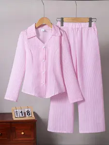 Toddler Girl's Striped Print Button Front Top & Straight Leg Pants Two-Piece Set, Casual Long Sleeve Top & Trousers for Daily Wear, Kids Clothes for All Seasons, Baby Girl Clothes