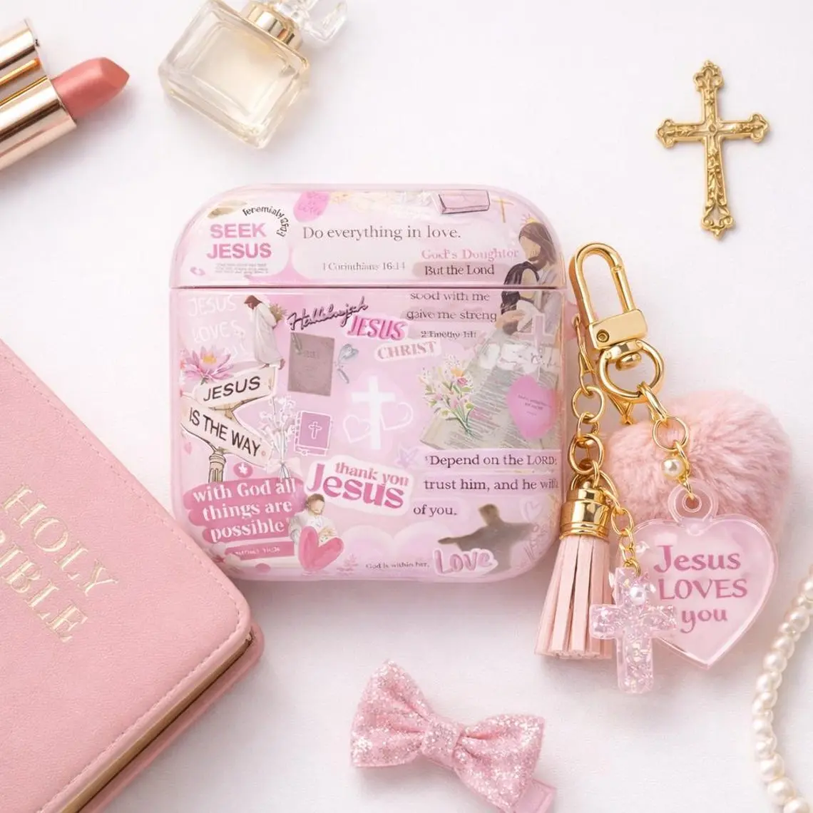NO KEYCHAIN INCLUDED Christian AirPods Case, Pink Jesus Collage Airpod 1 2 3 4 Cover, Faith Bible Verse Protective Accessories Christian Gift for Her