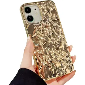 Compatible for iPhone 12 & 12 Pro Case Cute Glitter Fashion Women Girly Luxury Tin Foil Pleated Design Phone Cases 3D Gold Silicone Electroplated Sparkly Slim Soft Glossy Cover 6.1 Inch