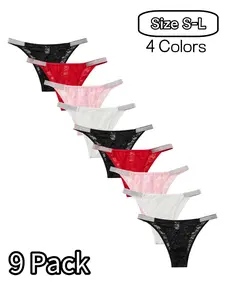 Women's Feminine Floral Lace Sheer Transparent Bikini Thong Lingerie Panties, Shiny Belt Design, Elastic Plus Size Underwear, Sweet Girl Style, 9 Pack, Fit