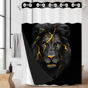 1pc hookless shower curtain with buckle lining, black background with yellow lion head design, 2D flat printing, fabric waterproof lining, see-through double-layer shower curtain, 71 x 74 inches, modern home draping curtain.