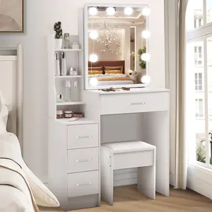 Makeup Vanity Desk with Mirror & Lights, 54.7" Table with 4 Drawers & Shelves, Adjustable Brightness & 3 LED Modes - Dressing Table Set for Bedroom, White dresser