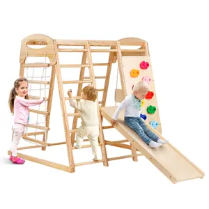 Indoor Jungle Gym 7-in-1 Toddler Playground Wooden Climbing Toys with Wood Rope Ladder Net Ladder Swing Monkey Bar Slide Climbing Wall 47.2 x 58 x 56in
