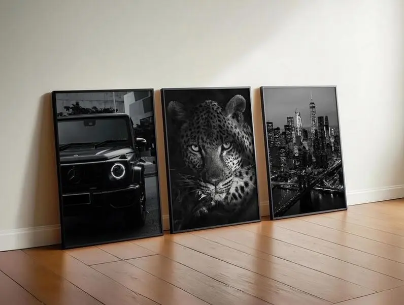 Set of 3 Black Luxury poster, Office Wall Art, Stylish Leopard Poster