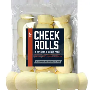 9-12" Beef Collagen Cheek Rolls (3 Pack) 100% Natural and Extra-Thick - Single-ingredient - Long-lasting for Big Dogs and Aggressive Chewers