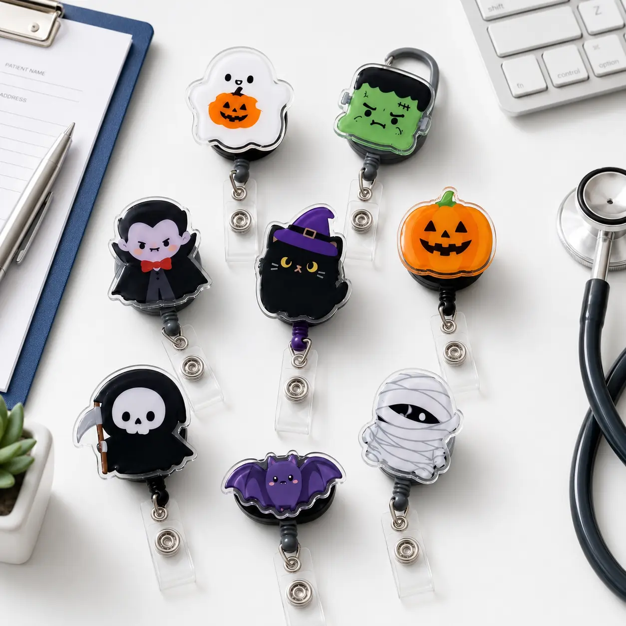 Halloween Bat, Pumpkin Badge Reel | Retractable Nurse Badge ID Holder, Teacher Office Name Tag Clip