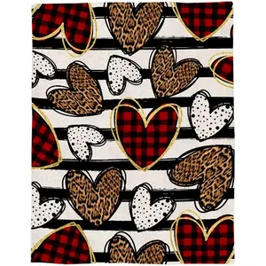 Throw Blanket Valentine's Day Leopard Print Red Plaid Love Heart Black Lines Soft Flannel Blanket Warm Lap Blanket for Couch, Sofa, Bed Lightweight Bed Blanket, 280g fabric weight single-sided printing,Provides comfortable temperature