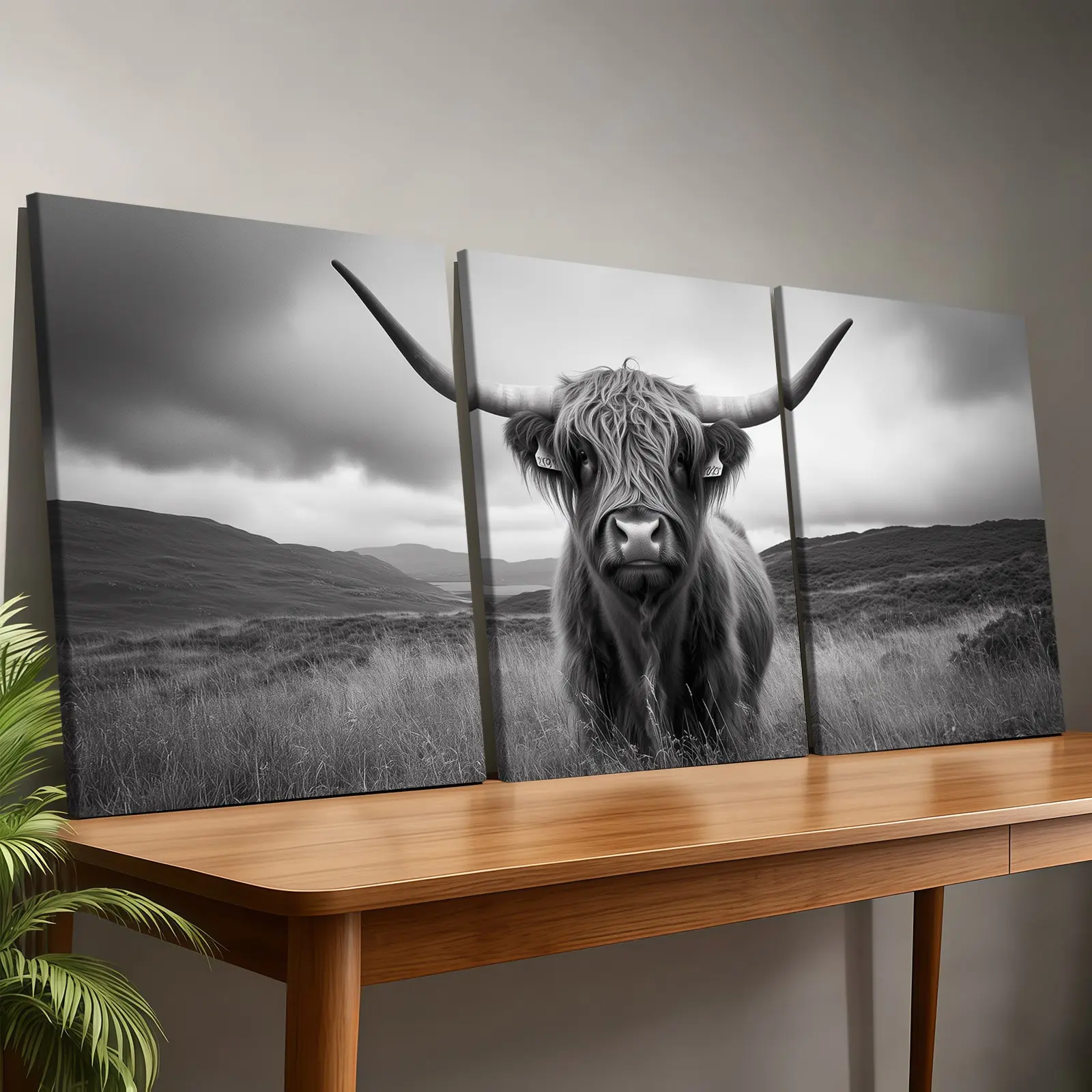3-Pack Wood Frame Canvas Posters, Nordic Style Highland Cow Photography, Modern Home Art Decor, Living Room Wall Art, Dining Room Wall Art