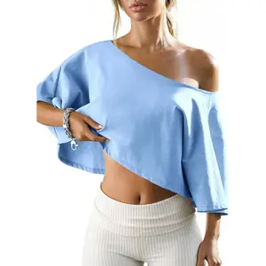 Fisoew Womens Cotton Off-Shoulder Crop Top Loose Batwing Sleeve Asymmetrical Neck Casual Tee for Summer Daily Wear & Loungewear Womenswear #SummerVibes