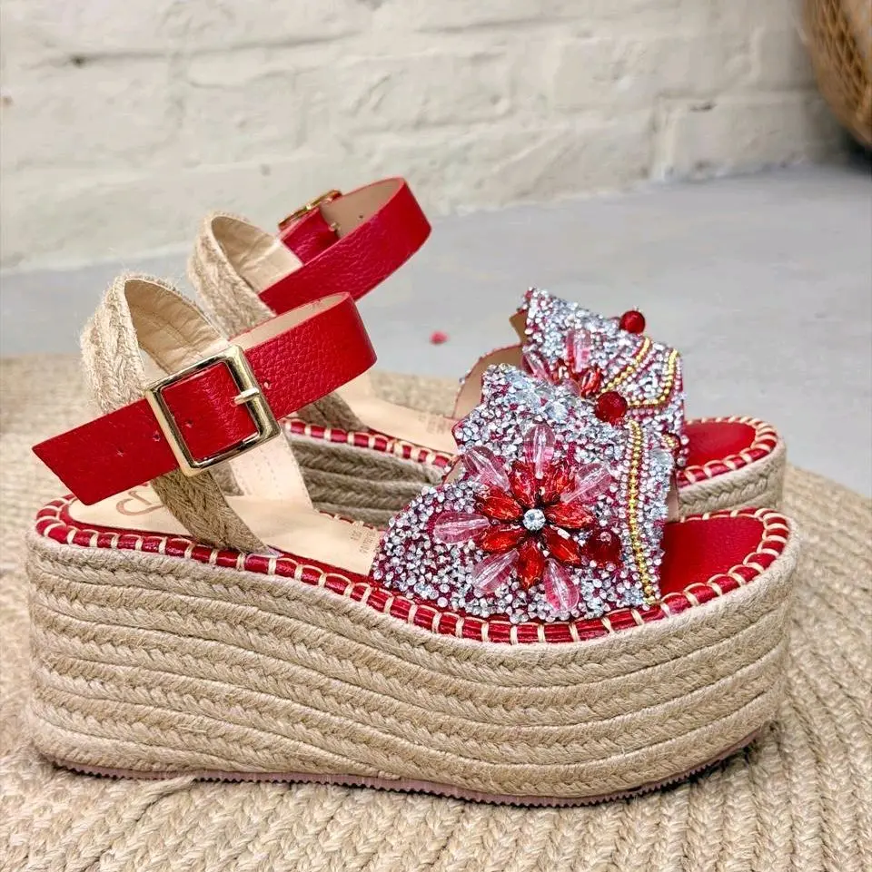 LOMA# Red Platform Sandals 8 cm Heel with Buckle Strap for Women's Fashion Heeled Slide Sandals Casual