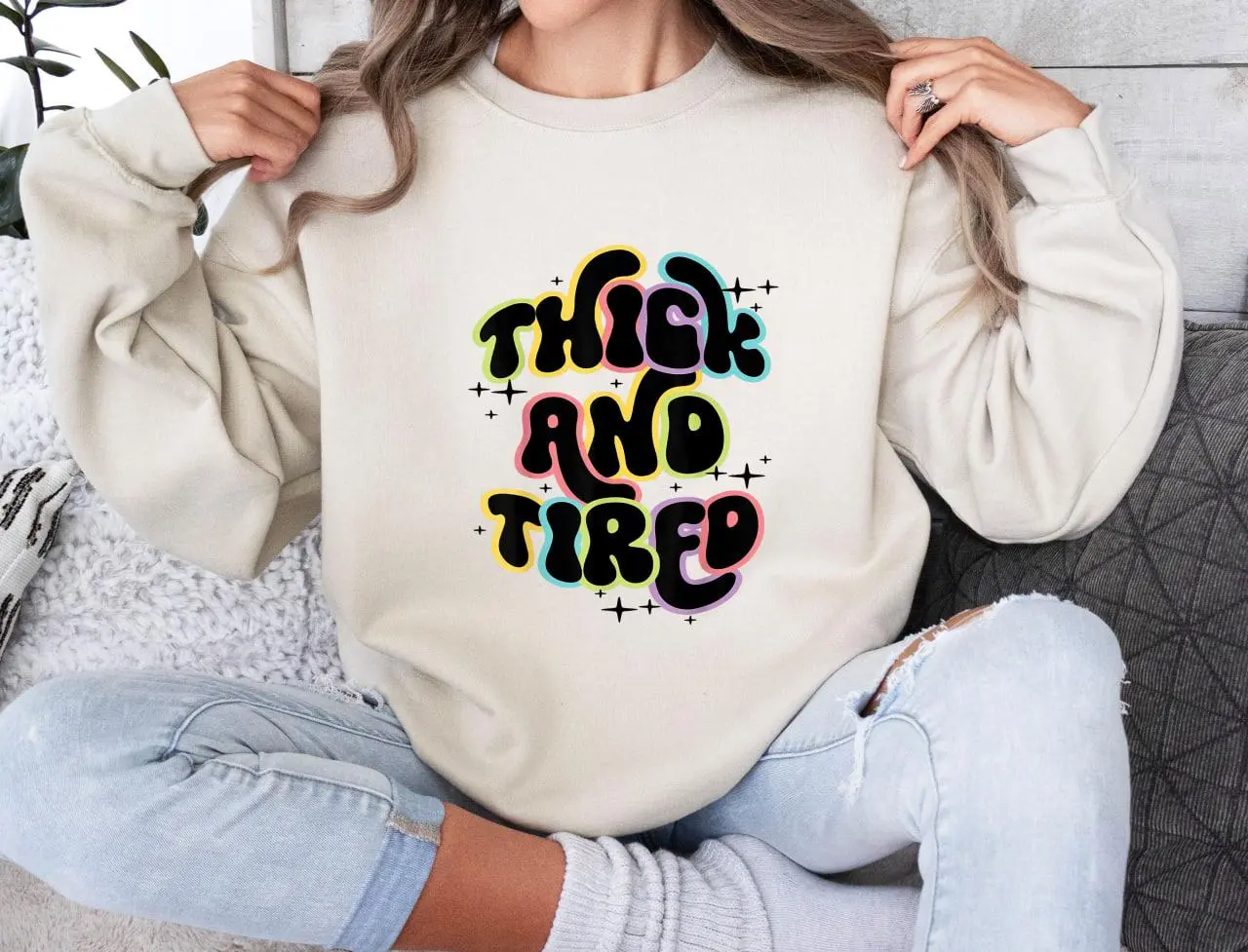 Thicc And Tired Funny Saying Groovy Women Thicc & Tired Sweatershirt