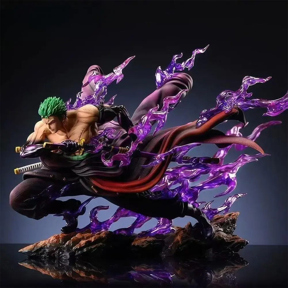 One Piece Roronoa Zoro Figure, Anime Figure, Santoryu with Purple Haki/Aura Effects，Zoro Collectible Statue, Wano Arc Form with Dynamic Ghost Flame Aura，Epic Battle Pose with Transparent Purple Effects，Collectible for Fans & Display