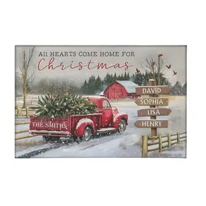 Personalized Family Name Christmas Canvas Wall Art, Custom Red Truck Holiday Decor, All Hearts Come Home for Christmas Sign with Up to 5 Names, Farmhouse Rustic Xmas Gift for Parents, Grandparents, Family