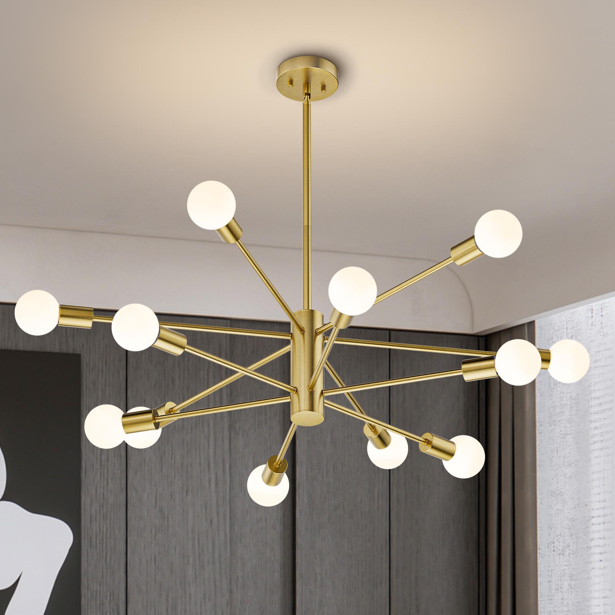 EDISHINE 12-Light Dimmable Sputnik Modern Linear Chandelier,Antique Brass-HHPL17A