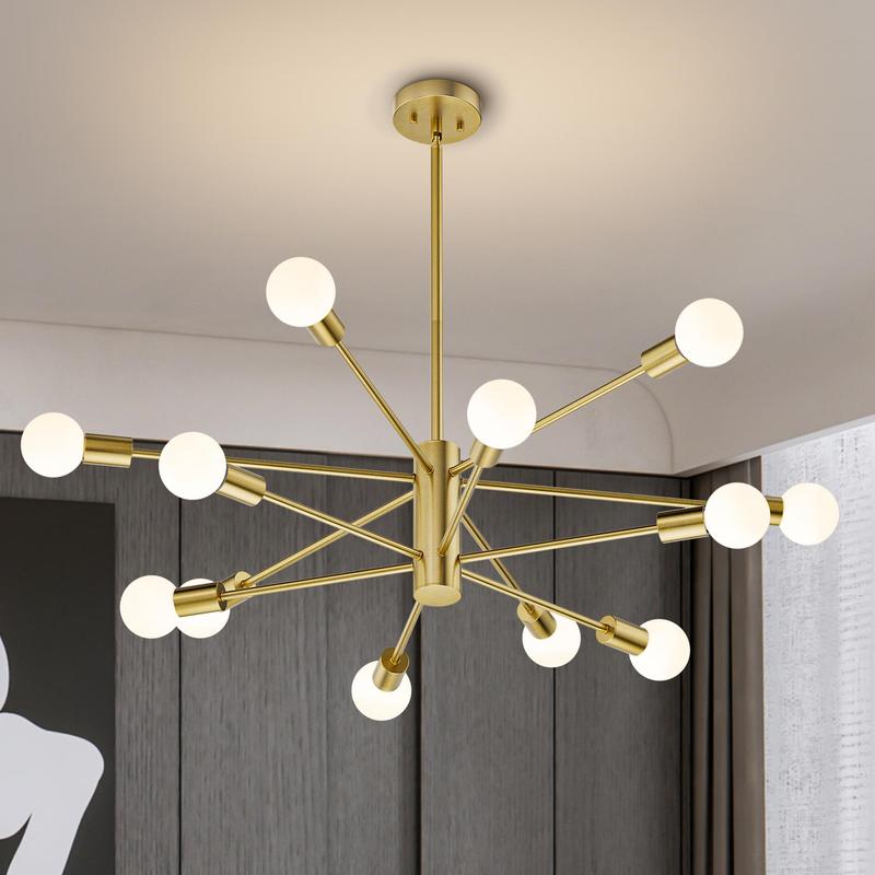 EDISHINE 12-Light Dimmable Sputnik Modern Linear Chandelier,Antique Brass-HHPL17A